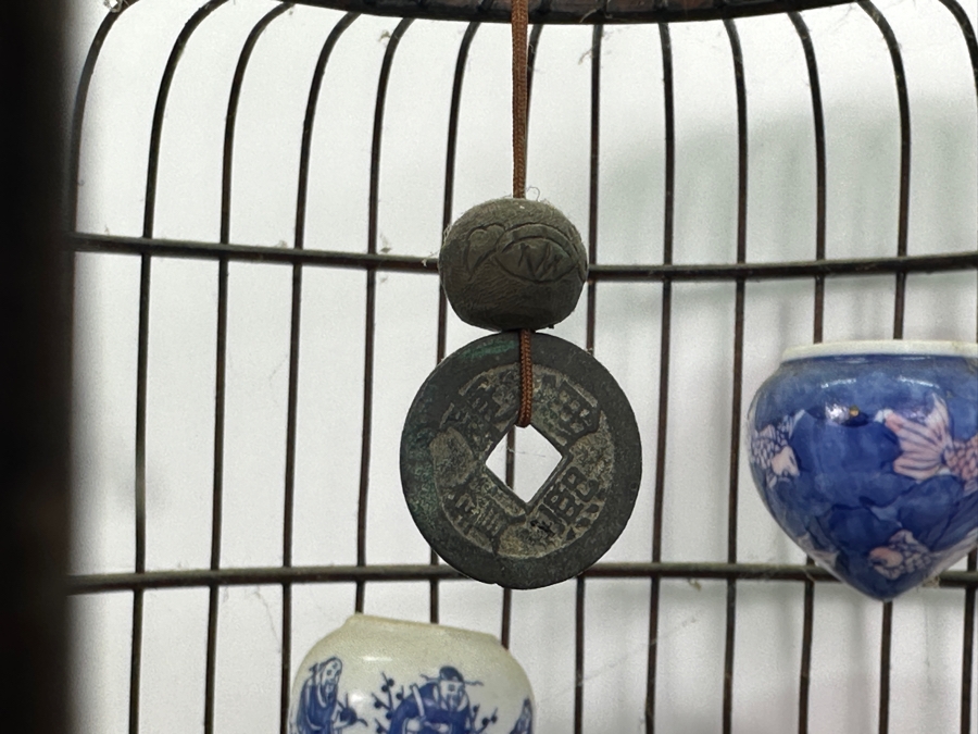 Large Signed Chinese Bamboo Birdcage With Waterpots & Decorations 14W X 30H - See Photos [Photo 12]