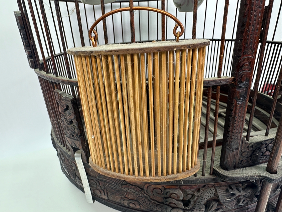 Large Signed Chinese Bamboo Birdcage With Waterpots & Decorations 14W X 30H - See Photos [Photo 10]