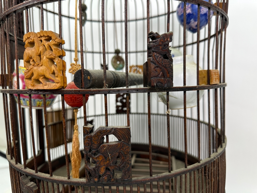 Large Signed Chinese Bamboo Birdcage With Waterpots & Decorations 14W X 30H - See Photos [Photo 20]