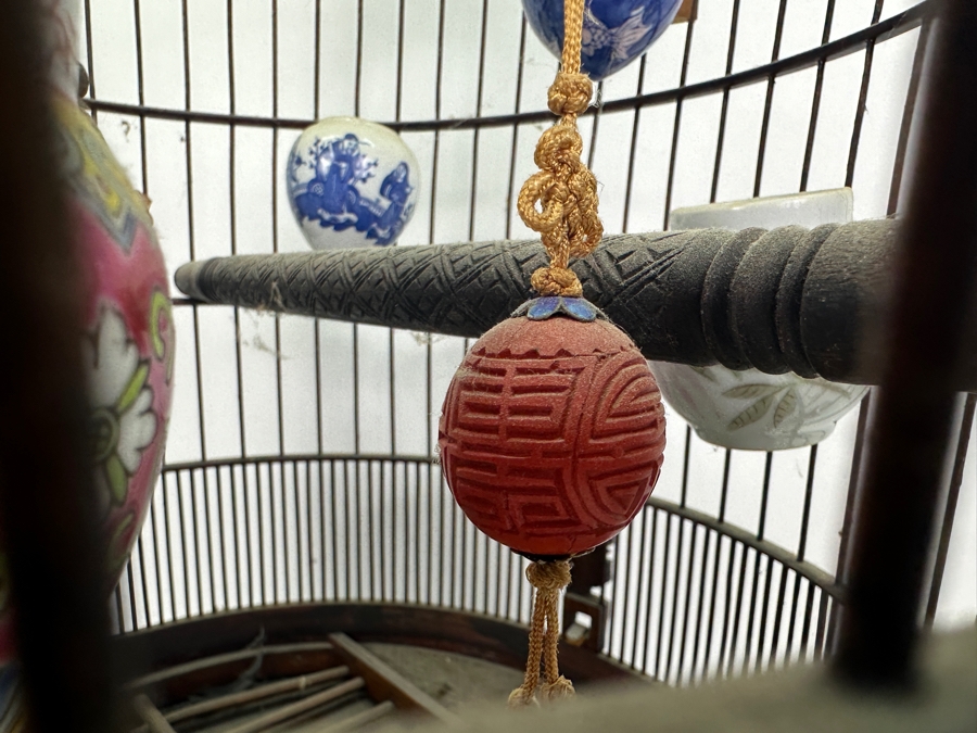 Large Signed Chinese Bamboo Birdcage With Waterpots & Decorations 14W X 30H - See Photos [Photo 17]