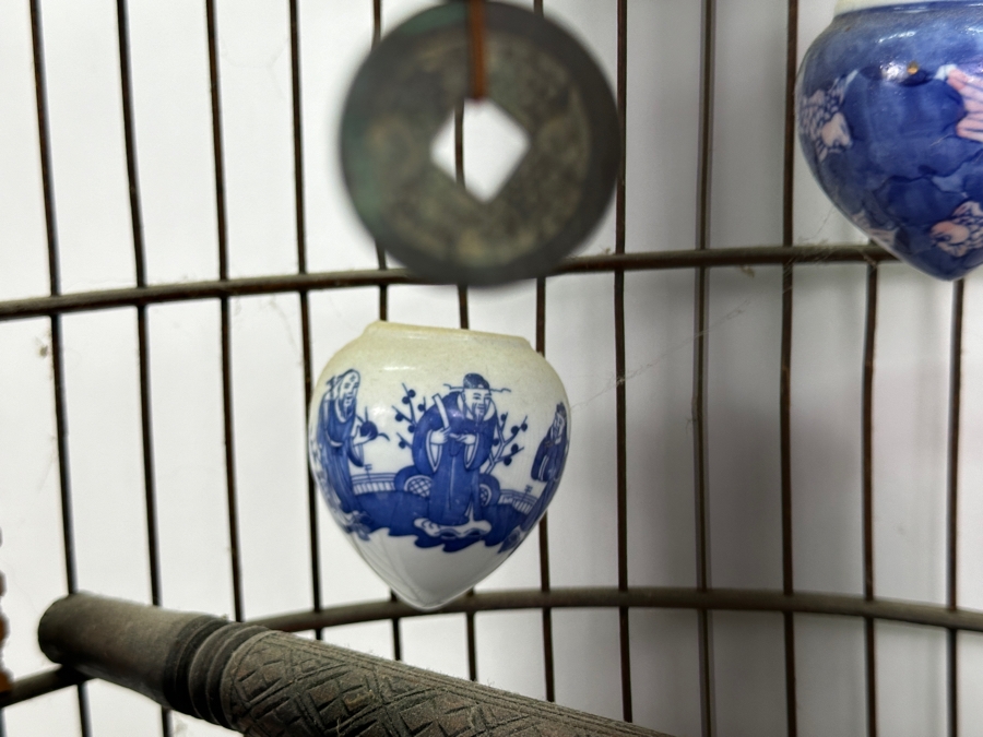 Large Signed Chinese Bamboo Birdcage With Waterpots & Decorations 14W X 30H - See Photos [Photo 13]