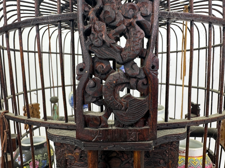 Large Signed Chinese Bamboo Birdcage With Waterpots & Decorations 14W X 30H - See Photos [Photo 32]
