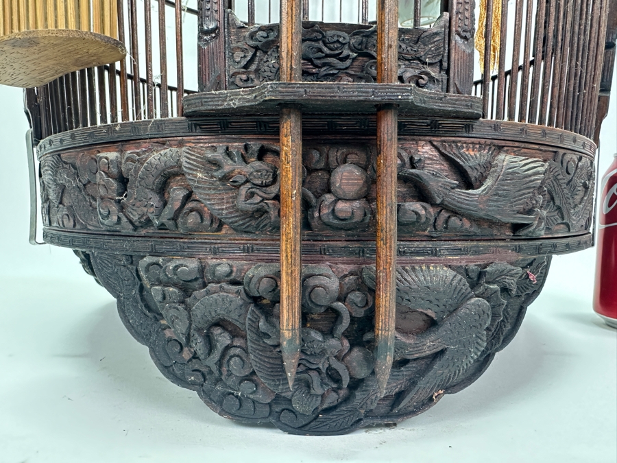 Large Signed Chinese Bamboo Birdcage With Waterpots & Decorations 14W X 30H - See Photos [Photo 3]