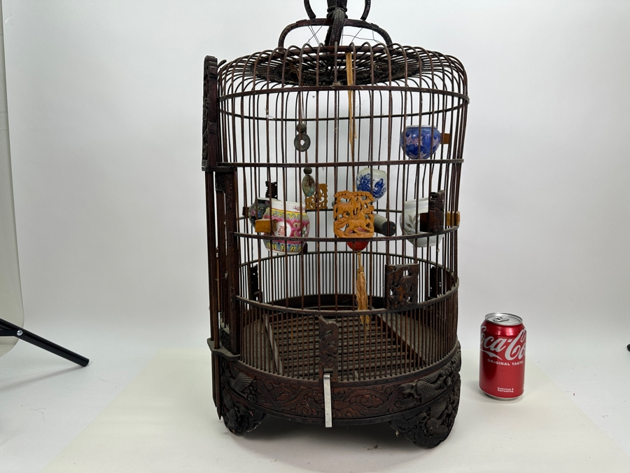 Large Signed Chinese Bamboo Birdcage With Waterpots & Decorations 14W X 30H - See Photos [Photo 18]