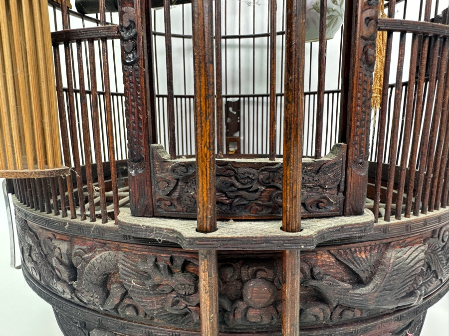 Large Signed Chinese Bamboo Birdcage With Waterpots & Decorations 14W X 30H - See Photos [Photo 7]