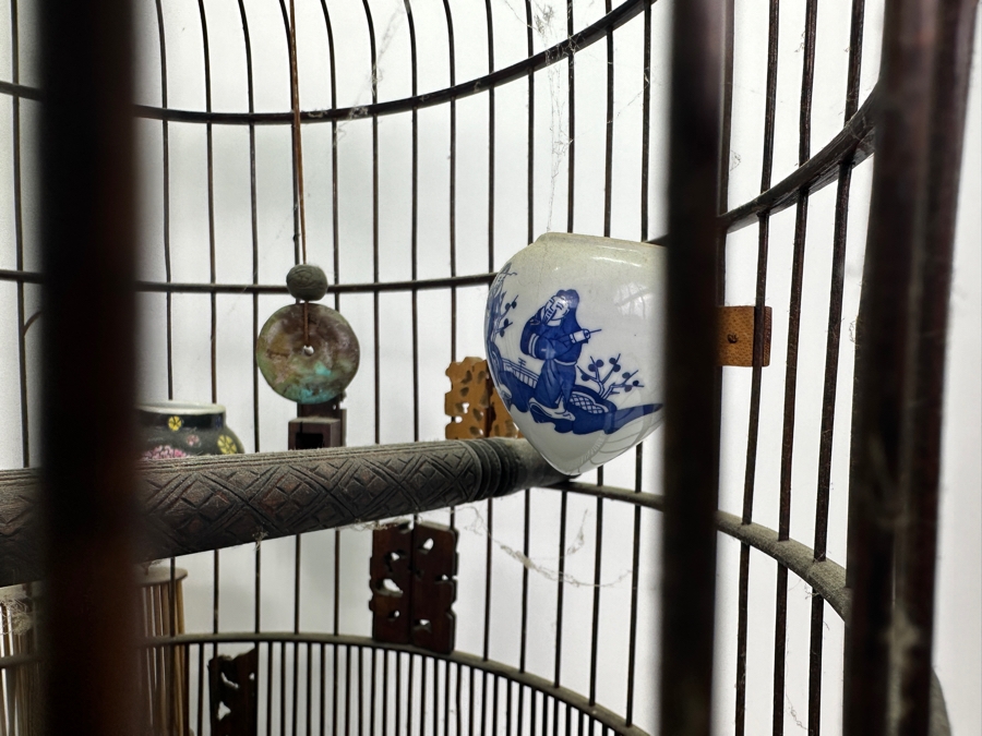 Large Signed Chinese Bamboo Birdcage With Waterpots & Decorations 14W X 30H - See Photos [Photo 23]
