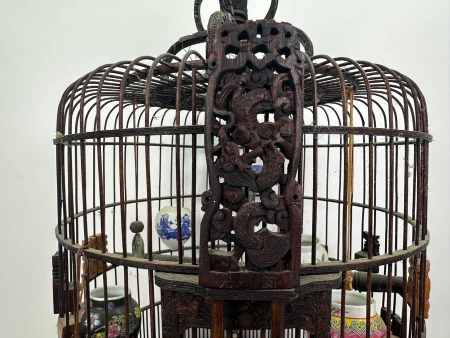 Large Signed Chinese Bamboo Birdcage With Waterpots & Decorations 14W X 30H - See Photos [Photo 8]