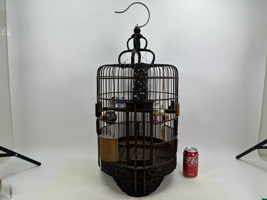 Large Signed Chinese Bamboo Birdcage With Waterpots & Decorations 14W X 30H - See Photos [Photo 6]