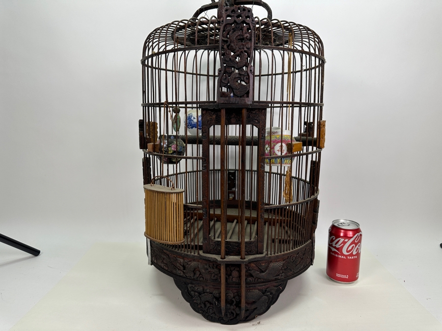 Large Signed Chinese Bamboo Birdcage With Waterpots & Decorations 14W X 30H - See Photos [Photo 28]