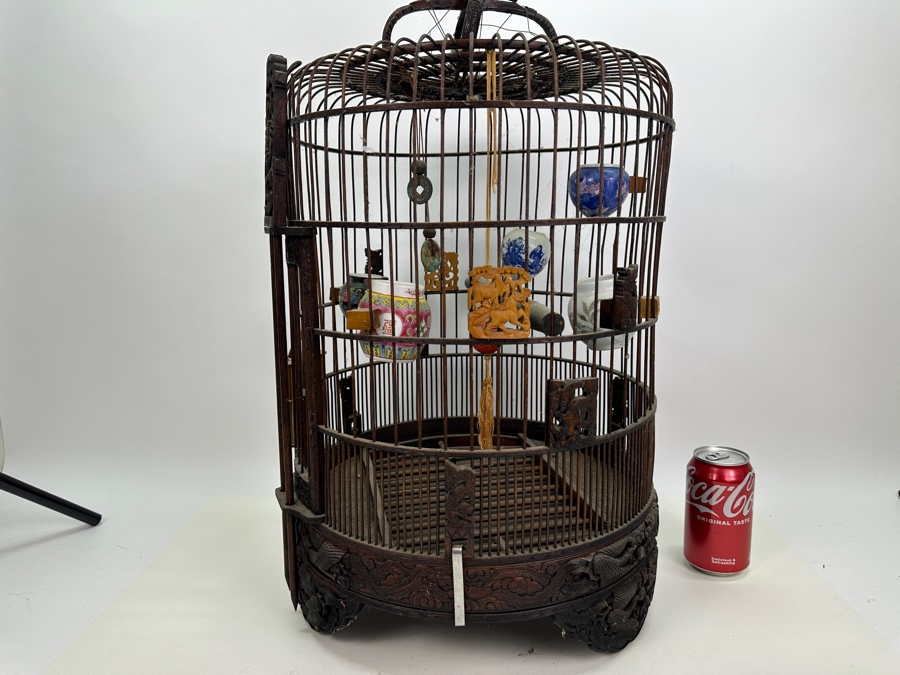 Large Signed Chinese Bamboo Birdcage With Waterpots & Decorations 14W X 30H - See Photos [Photo 19]