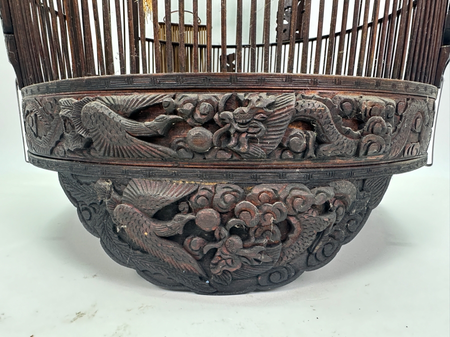 Large Signed Chinese Bamboo Birdcage With Waterpots & Decorations 14W X 30H - See Photos [Photo 21]