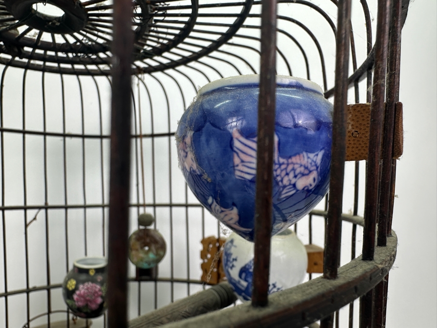 Large Signed Chinese Bamboo Birdcage With Waterpots & Decorations 14W X 30H - See Photos [Photo 24]