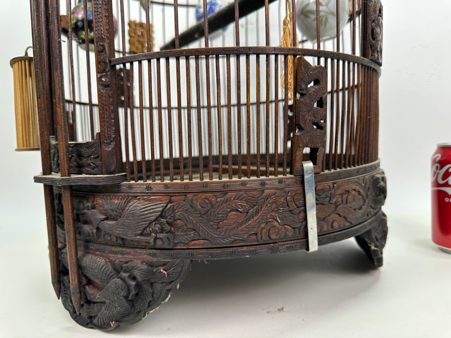 Large Signed Chinese Bamboo Birdcage With Waterpots & Decorations 14W X 30H - See Photos [Photo 15]