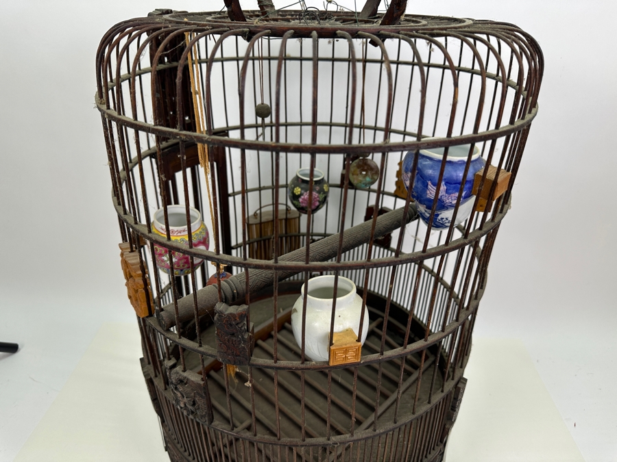Large Signed Chinese Bamboo Birdcage With Waterpots & Decorations 14W X 30H - See Photos [Photo 22]