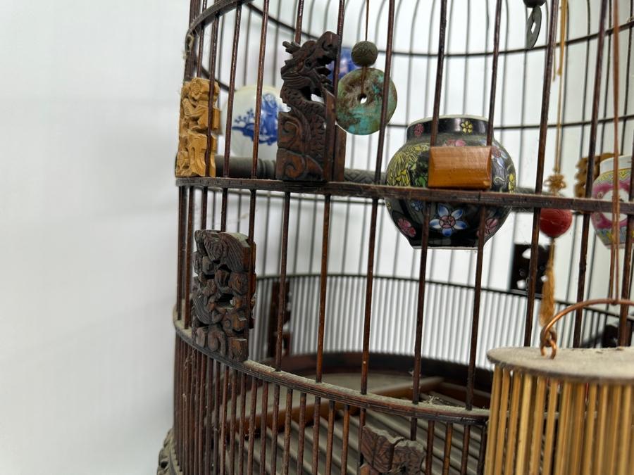 Large Signed Chinese Bamboo Birdcage With Waterpots & Decorations 14W X 30H - See Photos [Photo 11]