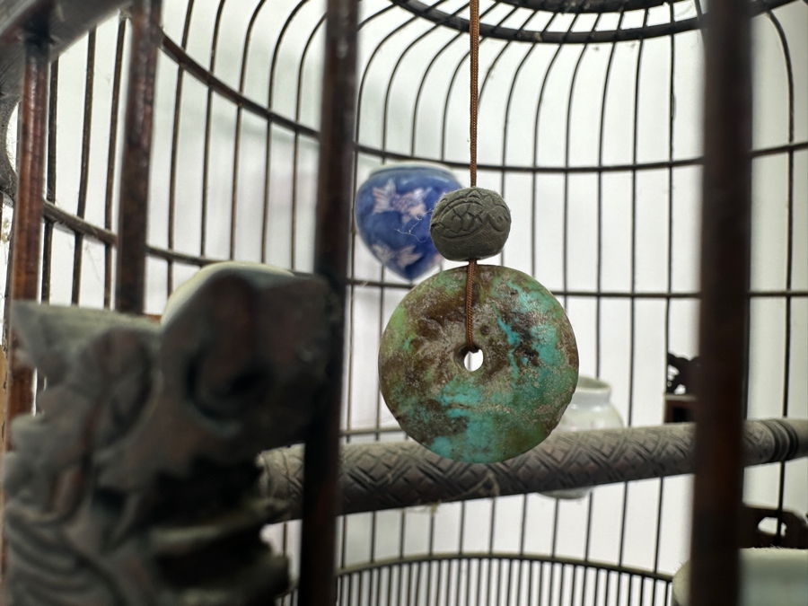 Large Signed Chinese Bamboo Birdcage With Waterpots & Decorations 14W X 30H - See Photos [Photo 2]