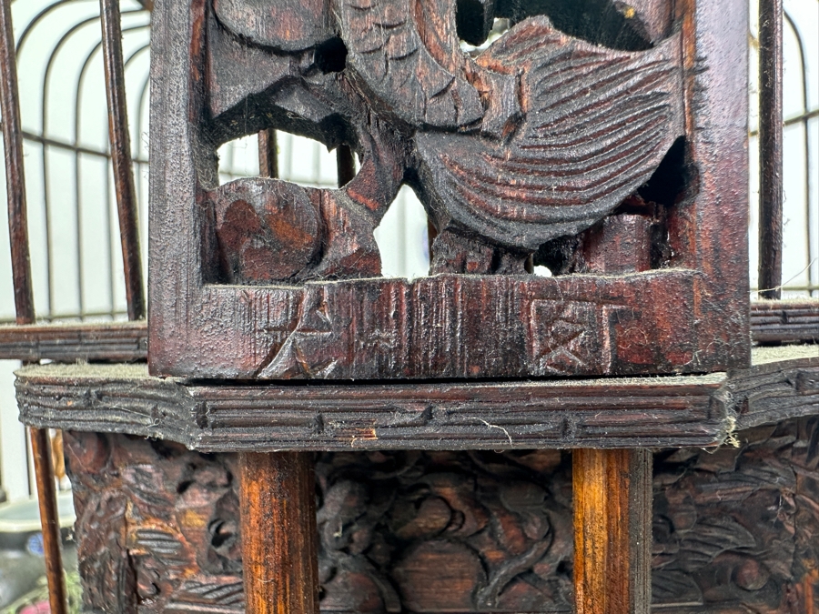 Large Signed Chinese Bamboo Birdcage With Waterpots & Decorations 14W X 30H - See Photos [Photo 33]