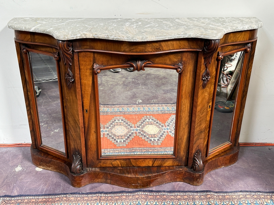 Stunning Antique Carved Wooden Marble Top Cabinet 55W X 17D X 36H [Photo 2]