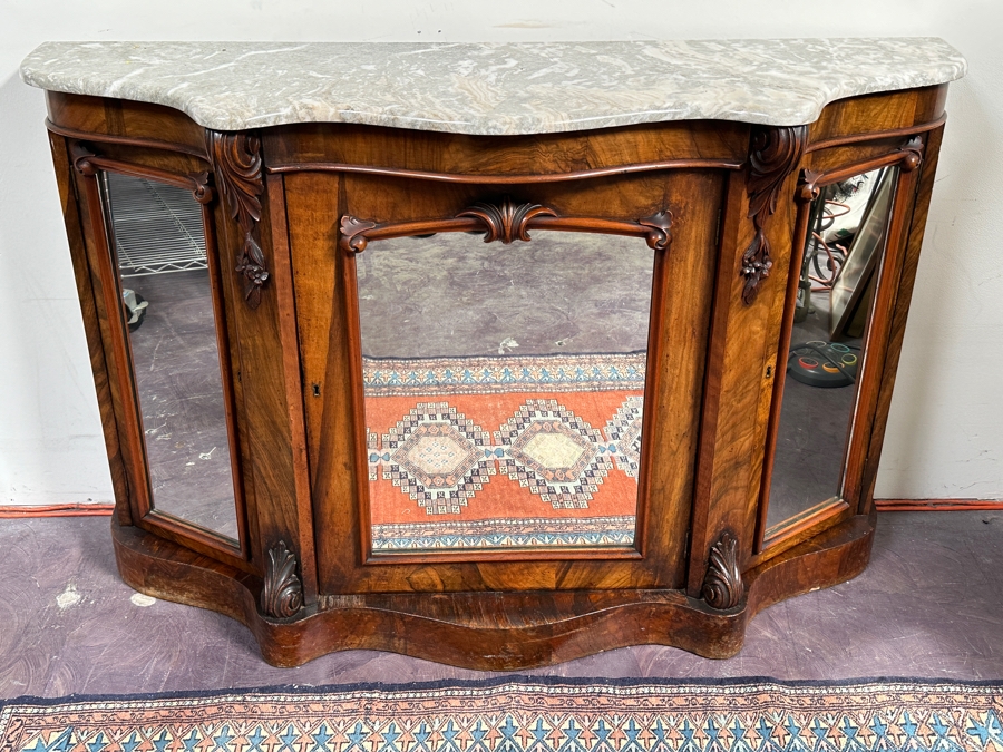 Stunning Antique Carved Wooden Marble Top Cabinet 55W X 17D X 36H [Photo 3]