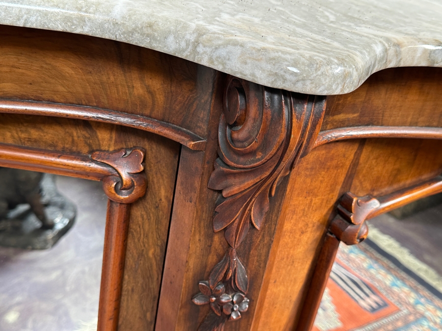 Stunning Antique Carved Wooden Marble Top Cabinet 55W X 17D X 36H [Photo 5]