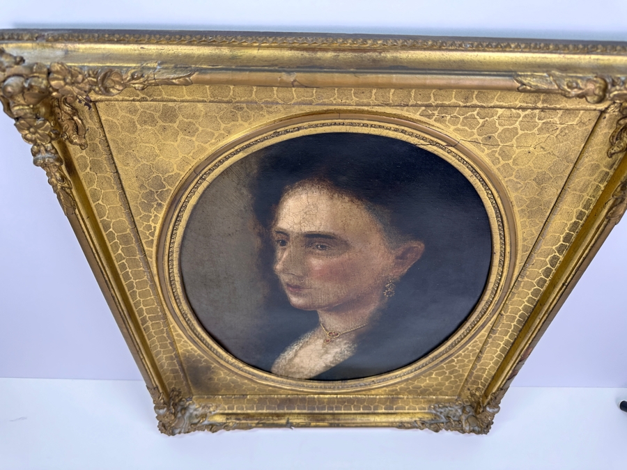 Antique Hand Painted Portrait Oil Painting On Canvas In Gilt Antique Frame 18.5 X 22 [Photo 7]