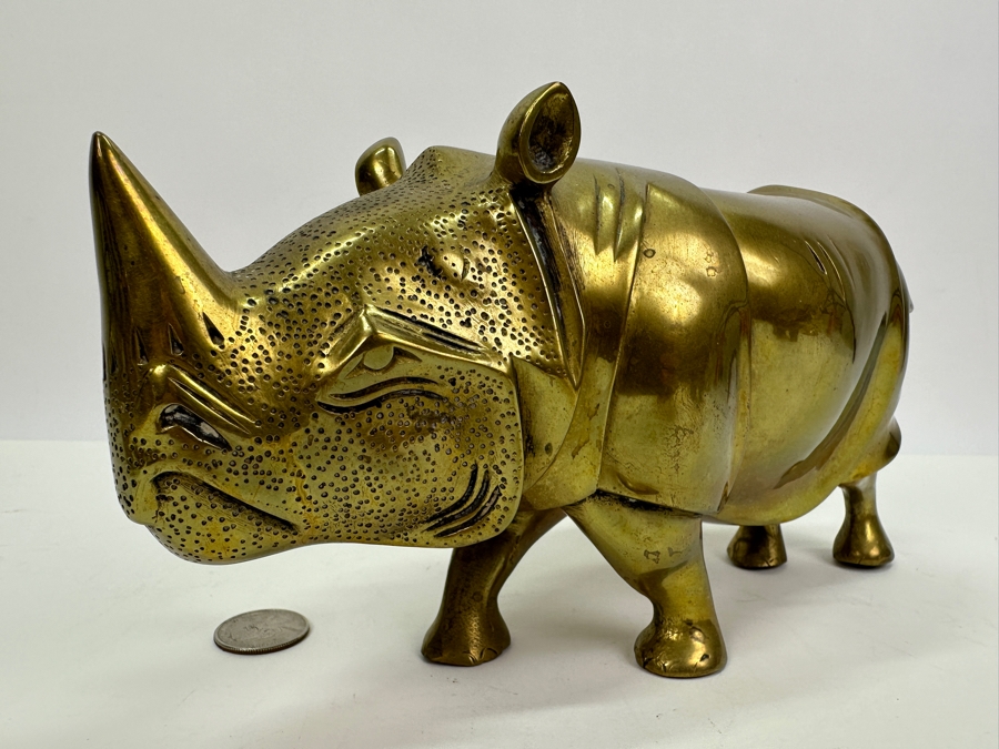 Vintage Heavy Brass Rhinoceros Figurine 9W X 3.5D X 5H [Photo 2]