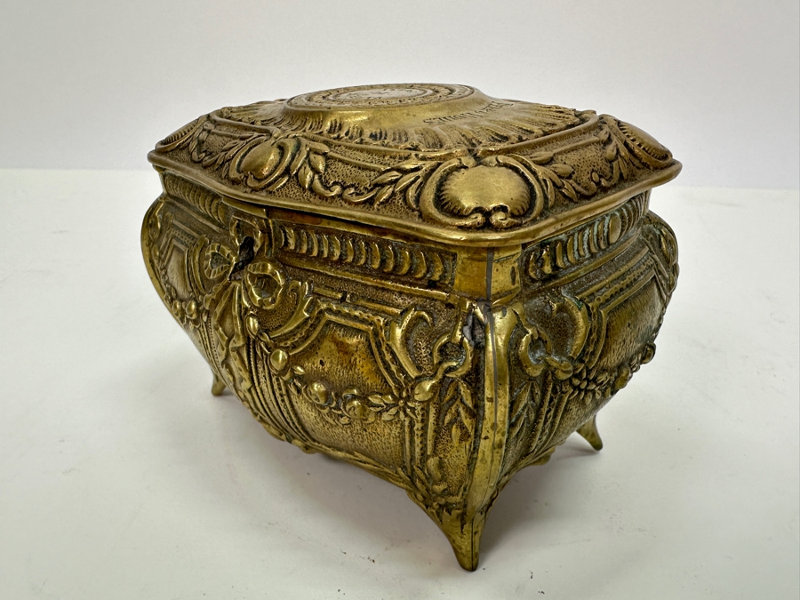 Antique Brass Box 'Land Of Ceuta - Golegio - Pedro Nunes' With Broken Hinge Hallmarked Underneath Box 5W X 3.25D X 3.5H  [Photo 6]