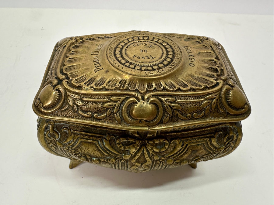 Antique Brass Box 'Land Of Ceuta - Golegio - Pedro Nunes' With Broken Hinge Hallmarked Underneath Box 5W X 3.25D X 3.5H  [Photo 8]