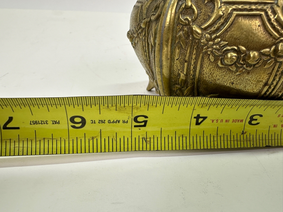 Antique Brass Box 'Land Of Ceuta - Golegio - Pedro Nunes' With Broken Hinge Hallmarked Underneath Box 5W X 3.25D X 3.5H  [Photo 14]