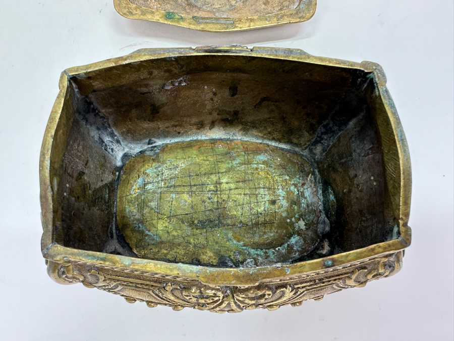 Antique Brass Box 'Land Of Ceuta - Golegio - Pedro Nunes' With Broken Hinge Hallmarked Underneath Box 5W X 3.25D X 3.5H  [Photo 10]