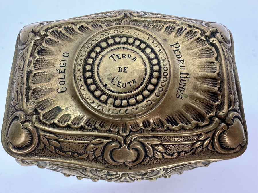 Antique Brass Box 'Land Of Ceuta - Golegio - Pedro Nunes' With Broken Hinge Hallmarked Underneath Box 5W X 3.25D X 3.5H  [Photo 5]