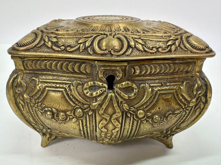 Antique Brass Box 'Land Of Ceuta - Golegio - Pedro Nunes' With Broken Hinge Hallmarked Underneath Box 5W X 3.25D X 3.5H  [Photo 4]