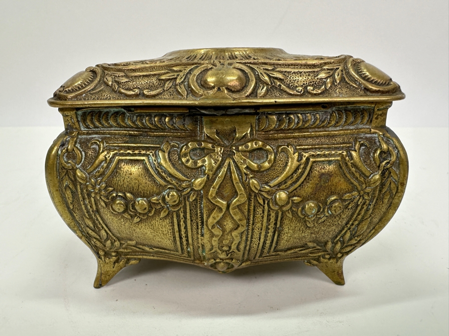Antique Brass Box 'Land Of Ceuta - Golegio - Pedro Nunes' With Broken Hinge Hallmarked Underneath Box 5W X 3.25D X 3.5H  [Photo 7]