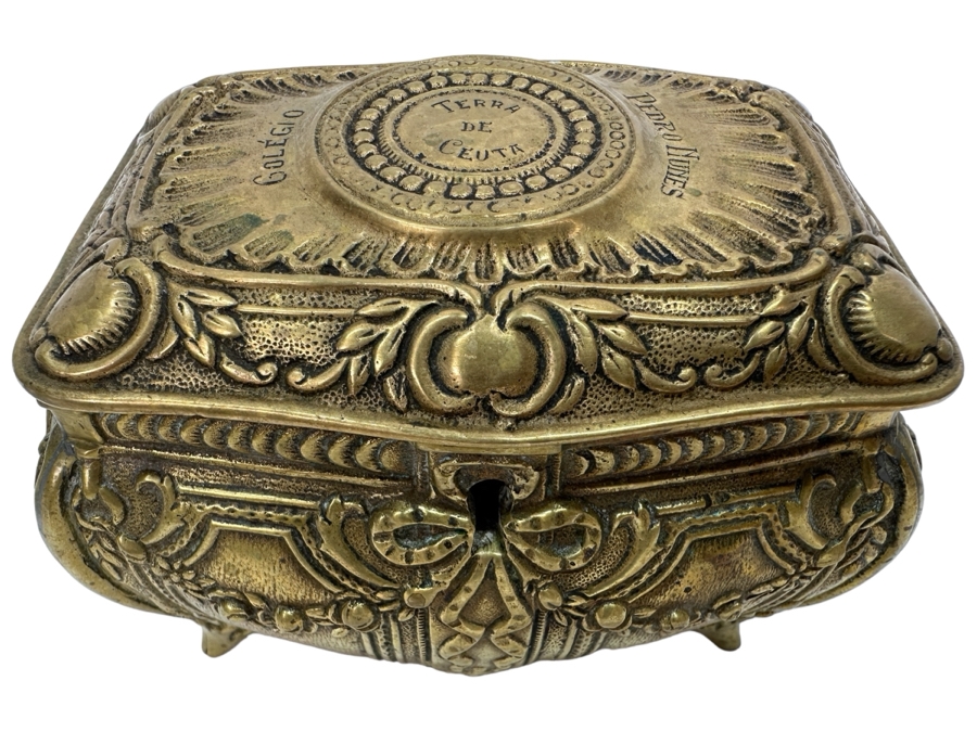 Antique Brass Box 'Land Of Ceuta - Golegio - Pedro Nunes' With Broken Hinge Hallmarked Underneath Box 5W X 3.25D X 3.5H  [Photo 3]