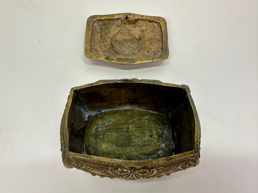 Antique Brass Box 'Land Of Ceuta - Golegio - Pedro Nunes' With Broken Hinge Hallmarked Underneath Box 5W X 3.25D X 3.5H  [Photo 9]