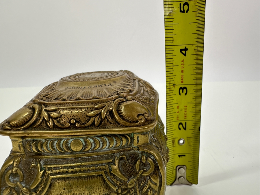 Antique Brass Box 'Land Of Ceuta - Golegio - Pedro Nunes' With Broken Hinge Hallmarked Underneath Box 5W X 3.25D X 3.5H  [Photo 16]