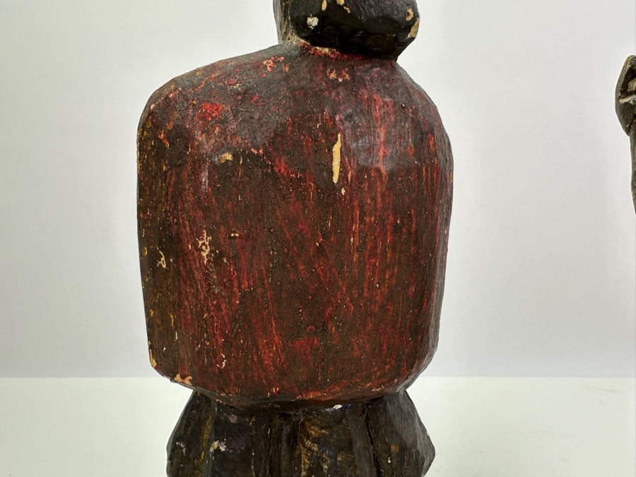 Pair Of Antique Polychrome Carved Wooden Santos Figurines 13H & 14H [Photo 12]