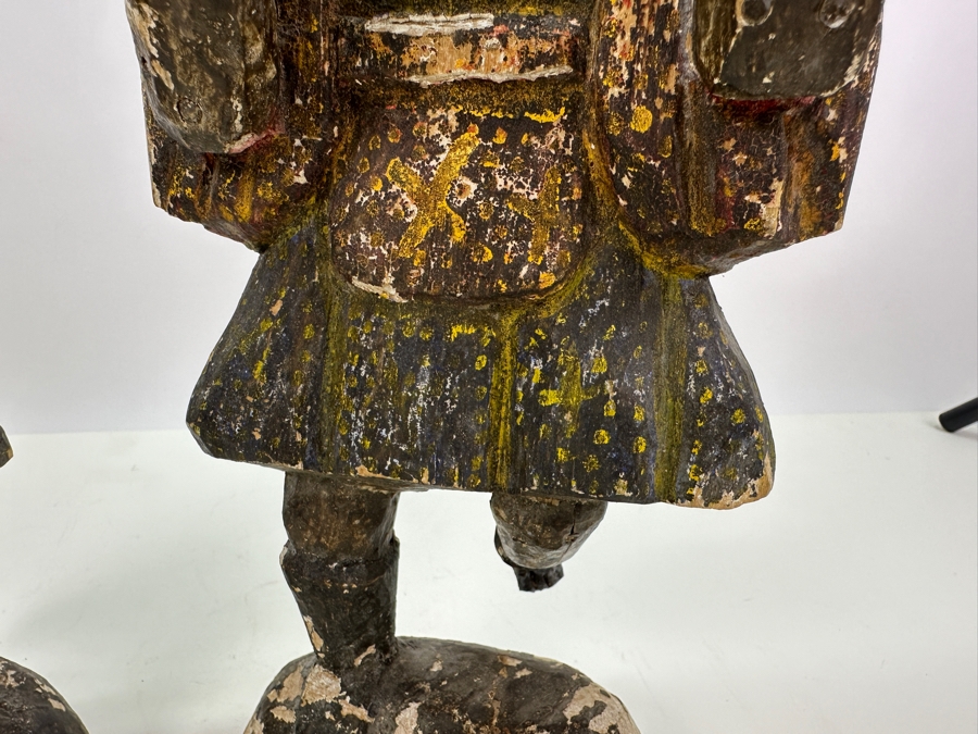 Pair Of Antique Polychrome Carved Wooden Santos Figurines 13H & 14H [Photo 4]