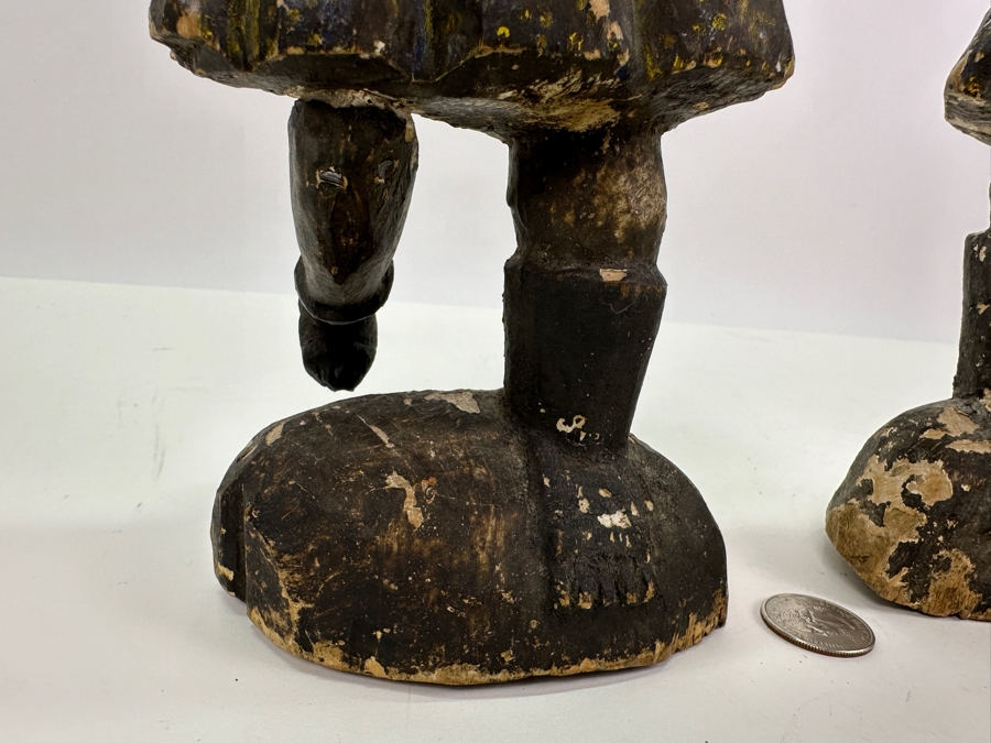 Pair Of Antique Polychrome Carved Wooden Santos Figurines 13H & 14H [Photo 9]