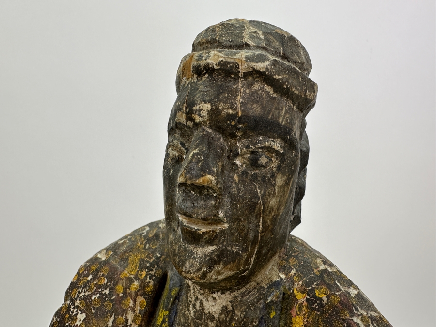 Pair Of Antique Polychrome Carved Wooden Santos Figurines 13H & 14H [Photo 2]