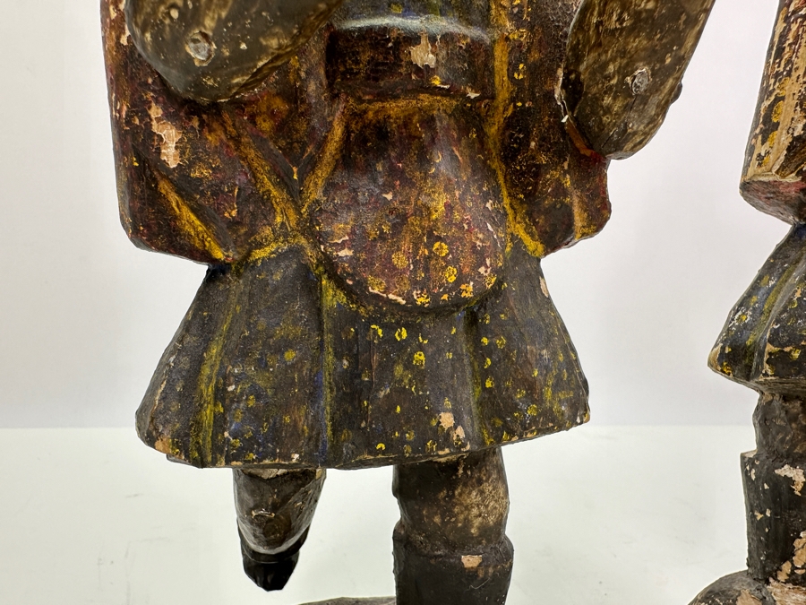 Pair Of Antique Polychrome Carved Wooden Santos Figurines 13H & 14H [Photo 8]
