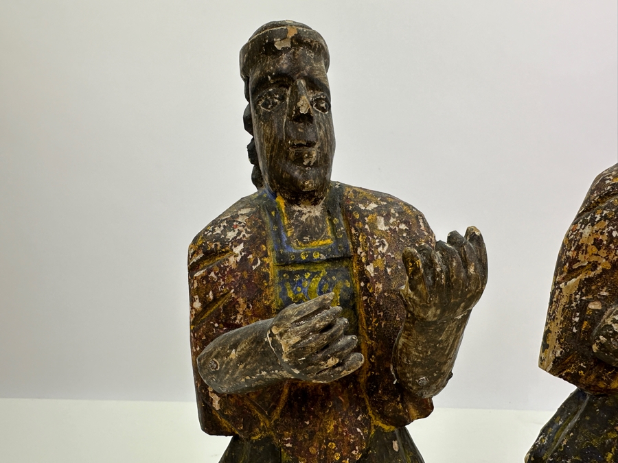 Pair Of Antique Polychrome Carved Wooden Santos Figurines 13H & 14H [Photo 6]