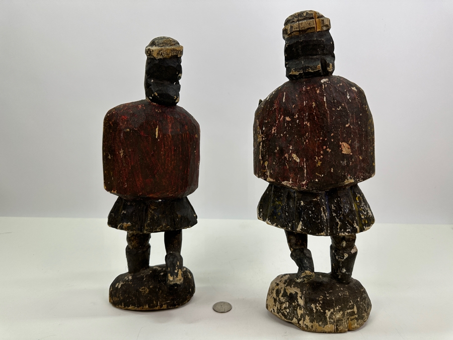Pair Of Antique Polychrome Carved Wooden Santos Figurines 13H & 14H [Photo 10]
