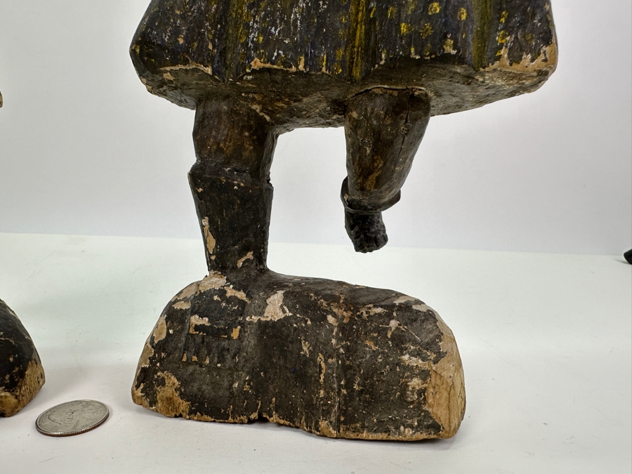 Pair Of Antique Polychrome Carved Wooden Santos Figurines 13H & 14H [Photo 5]