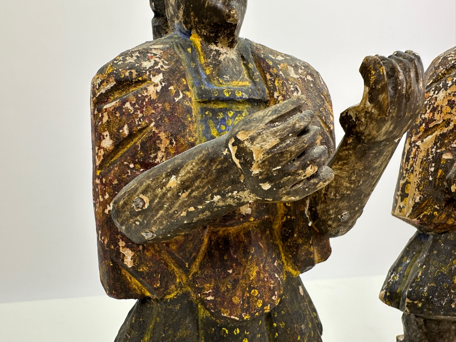 Pair Of Antique Polychrome Carved Wooden Santos Figurines 13H & 14H [Photo 7]