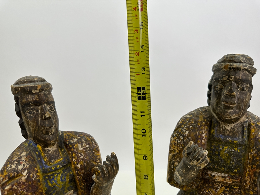 Pair Of Antique Polychrome Carved Wooden Santos Figurines 13H & 14H [Photo 17]