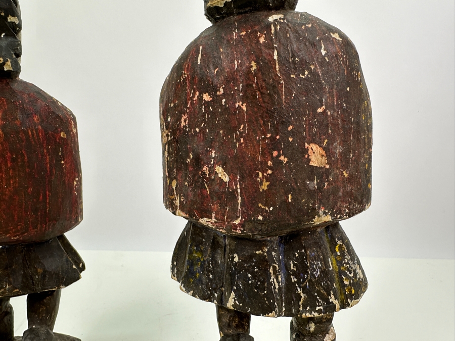 Pair Of Antique Polychrome Carved Wooden Santos Figurines 13H & 14H [Photo 13]