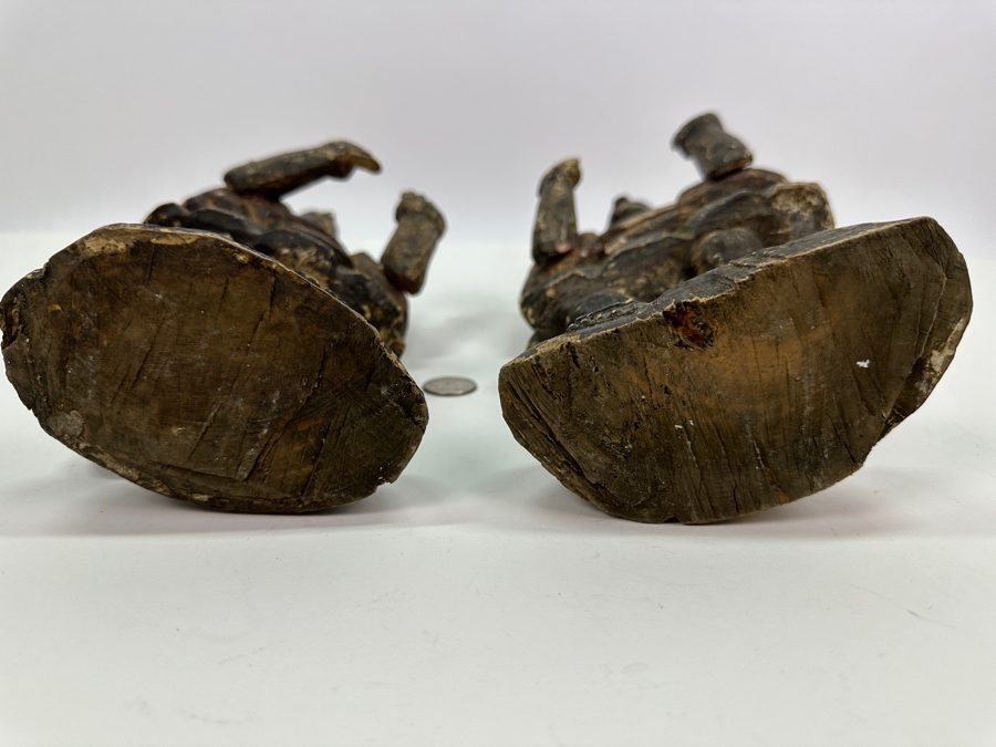 Pair Of Antique Polychrome Carved Wooden Santos Figurines 13H & 14H [Photo 14]