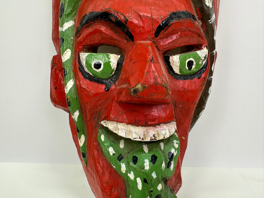 Vintage Mexican Folk Art Carved Wooden Polychrome Mask 9W X 16H [Photo 4]