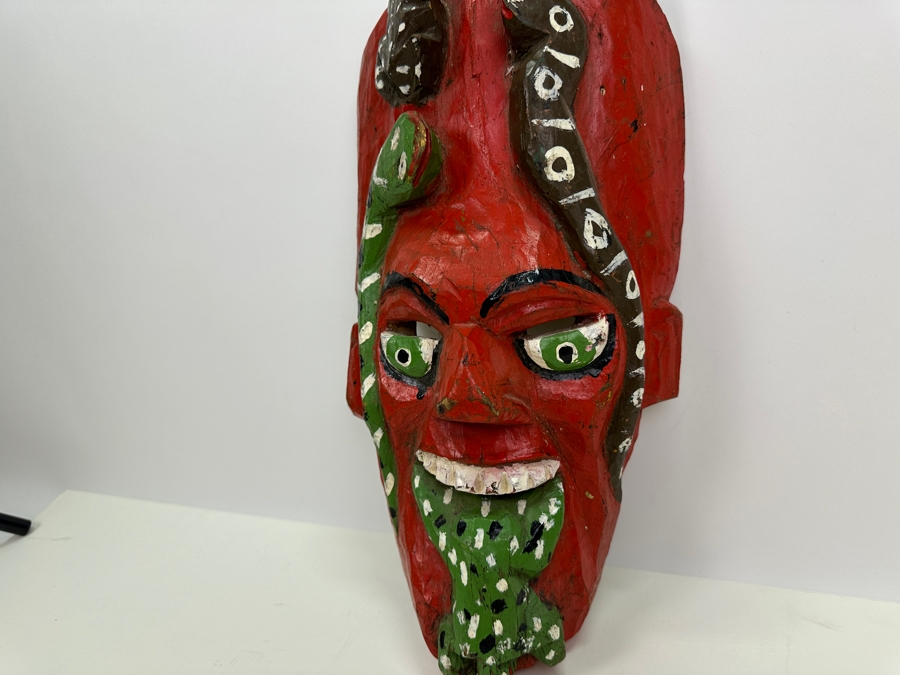 Vintage Mexican Folk Art Carved Wooden Polychrome Mask 9W X 16H [Photo 6]